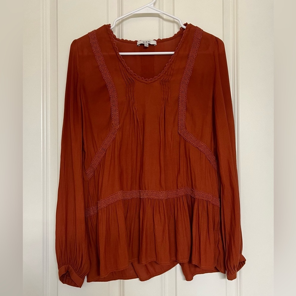 RO&DE Embroidered Orange Ruffle Long Sleeve Top - Size S